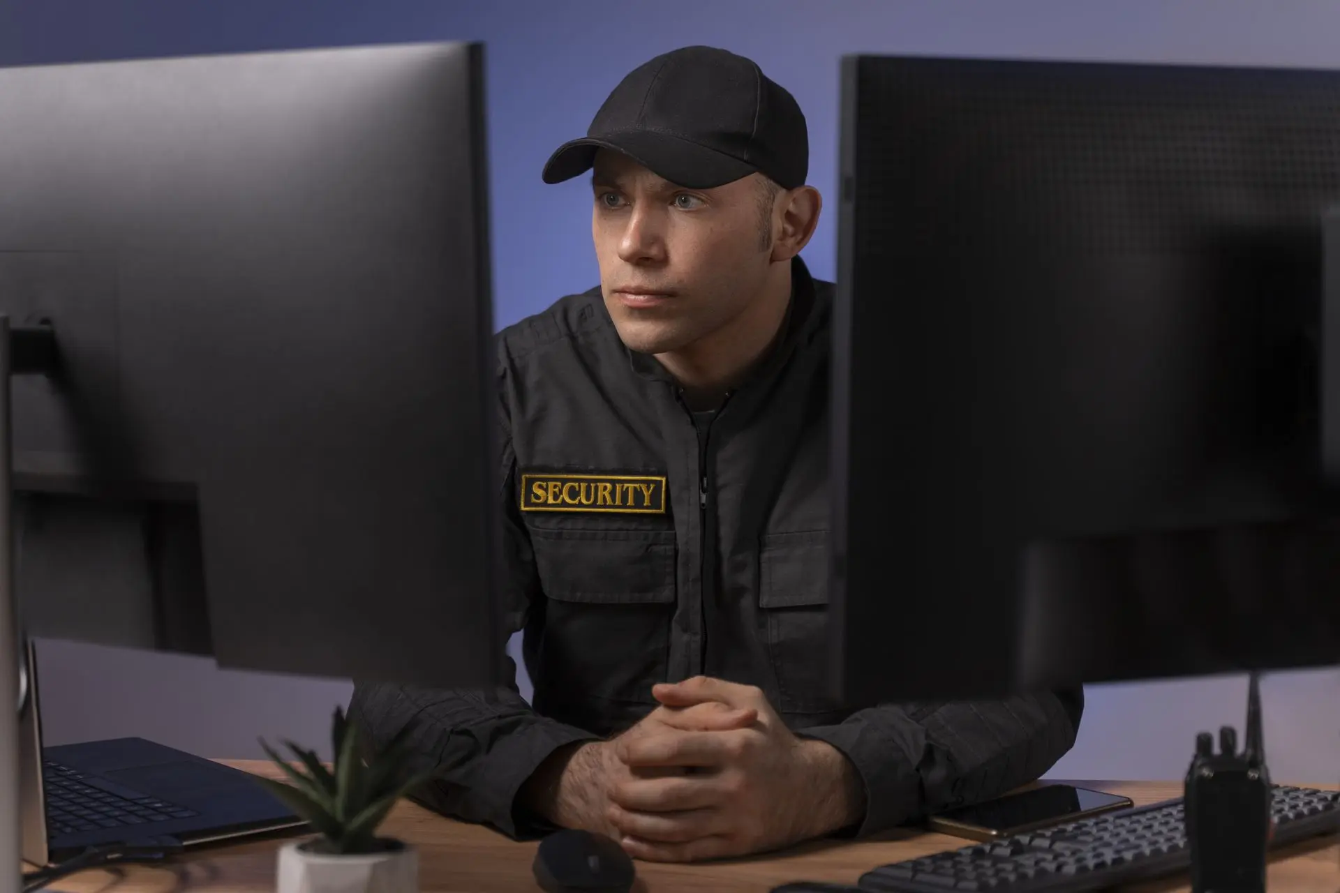 Hombre uniformado como elemento de seguridad revisando dos monitores